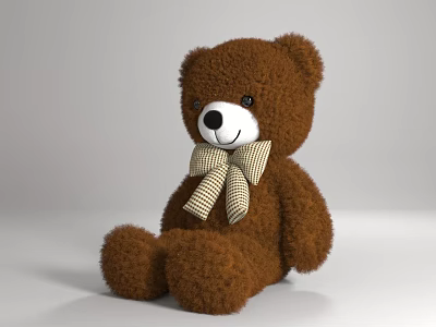 Cute Brown Teddy Bear Sitting With Plaid Bow Tie Soft Stuffed Toy 3d model