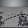 Two Military Helicopters with Rotors and Weapon Equipment in Detailed Design on Dark Background