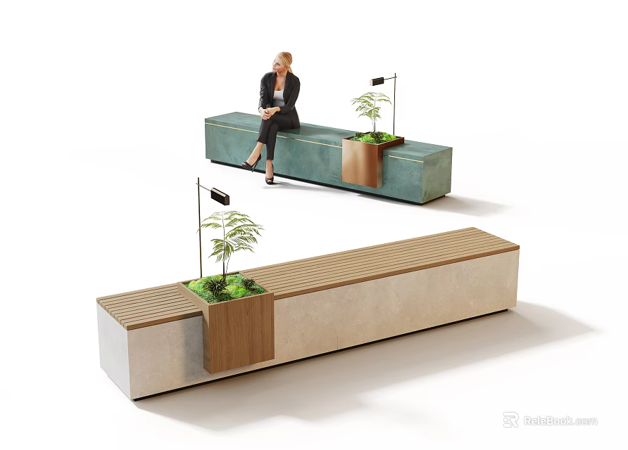 Comfortable Outdoor Landscape Seats With Green Light Color Design Wooden Accents And Integrated Plant Pots 3d model 