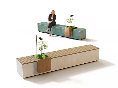 Comfortable Outdoor Landscape Seats With Green Light Color Design Wooden Accents And Integrated Plant Pots 3d model