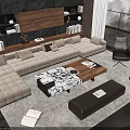 Modern Living Room Interior With Beige L Shaped Sofa And Wooden Marble Coffee Table Set