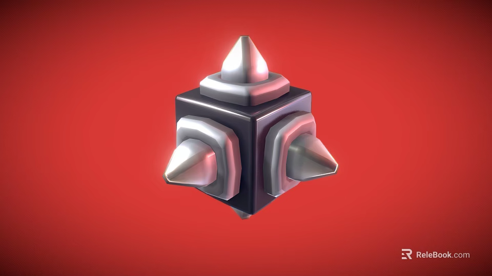 Black Geometric Cube With Silver Spiked Protrusions Against Red Background 3D Render 3d model 