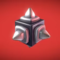 Black Geometric Cube With Silver Spiked Protrusions Against Red Background 3D Render