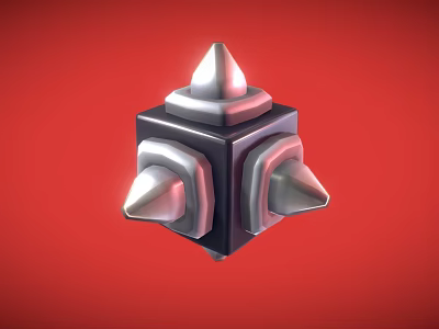 Black Geometric Cube With Silver Spiked Protrusions Against Red Background 3D Render 3d model