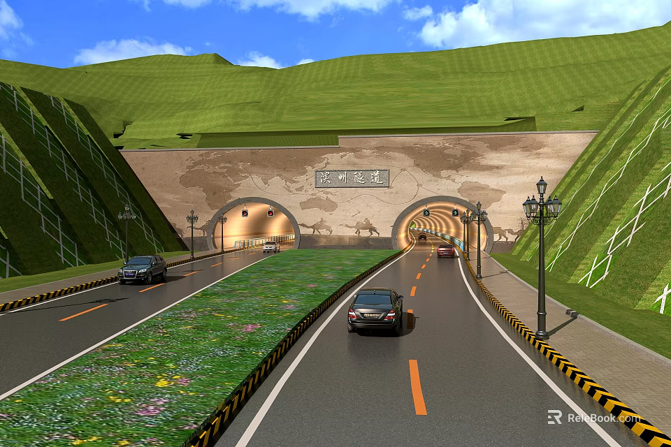 Road Traffic Facility With Tunnel Entrance Two Way Road Street Lamps And Green Hills 3d model 