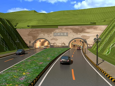 Road Traffic Facility With Tunnel Entrance Two Way Road Street Lamps And Green Hills 3d model