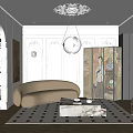 Elegant Living Room Interior with Beige Sofa Chinese Screen Marble Coffee Table Black White Rug
