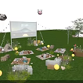 Camping Campground with Starry Sky Outdoor Movie Screen Tents Lawn String Lights Bonfire and Cushions