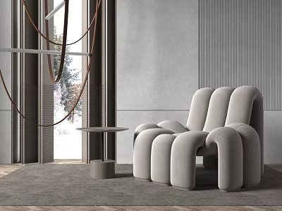 Modern Gray Leisure Chair With Round Side Table Large Window Brown Ropes In Indoor Space 3d model