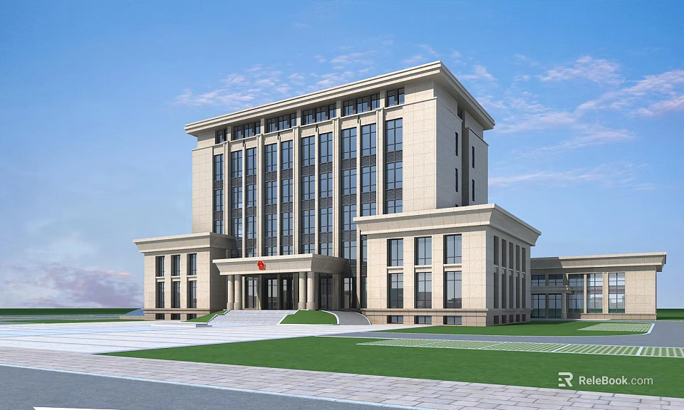 Modern Official Building Exterior With Glass Windows Lawn And Steps 3d model 