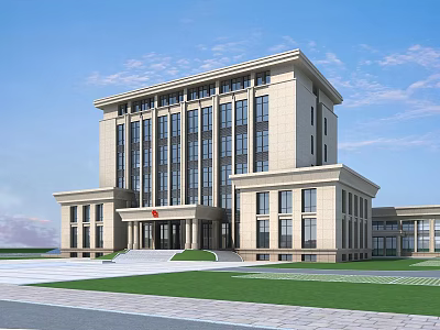 Modern Official Building Exterior With Glass Windows Lawn And Steps 3d model