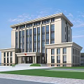 Modern Official Building Exterior With Glass Windows Lawn And Steps