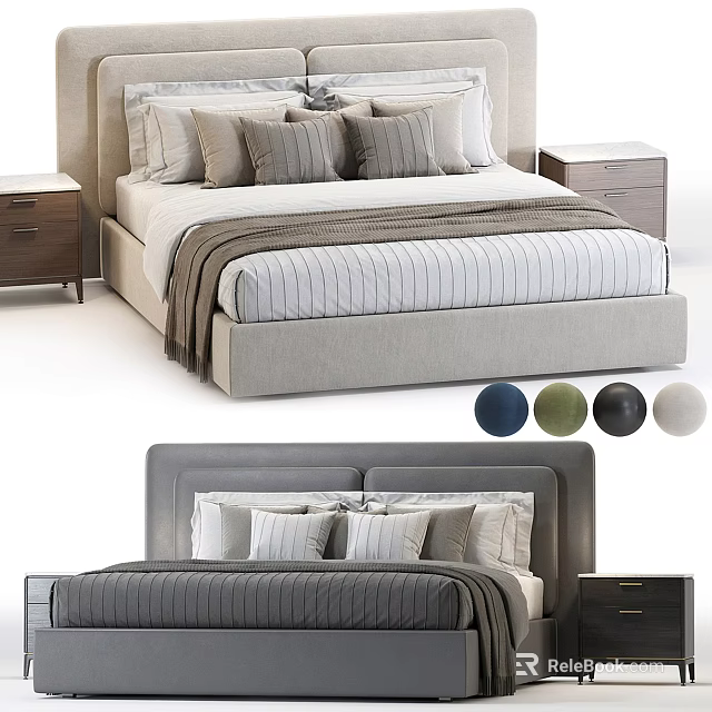 Modern Double Bed Design With Upholstered Headboard Nightstands And Color Options 3d model 