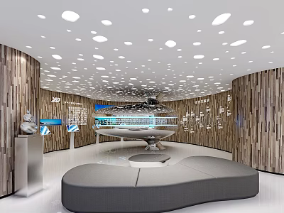Modern Exhibition Hall Interior With Wooden Walls Circular Ceiling Lights And Round Display Platform 3d model