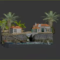 Waterfront Houses With Orange Roofs Palm Trees Wooden Bridge Dock Small Boat And Waves