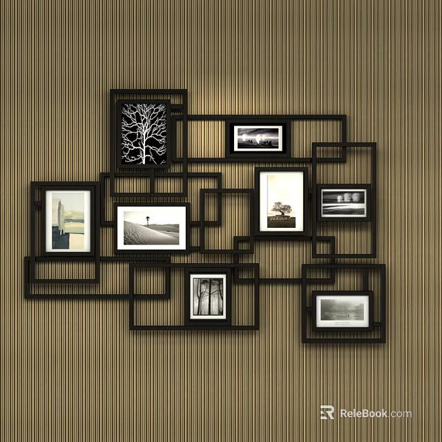 Elegant Photo Wall with Black Frame and Multiple Black and White Photos on Wooden Wall 3d model 