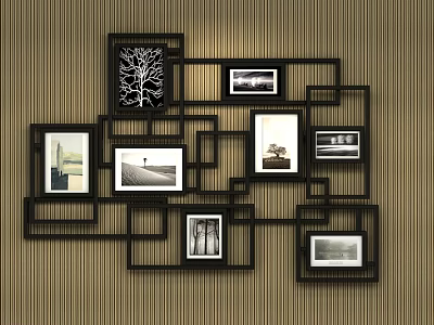 Elegant Photo Wall with Black Frame and Multiple Black and White Photos on Wooden Wall 3d model