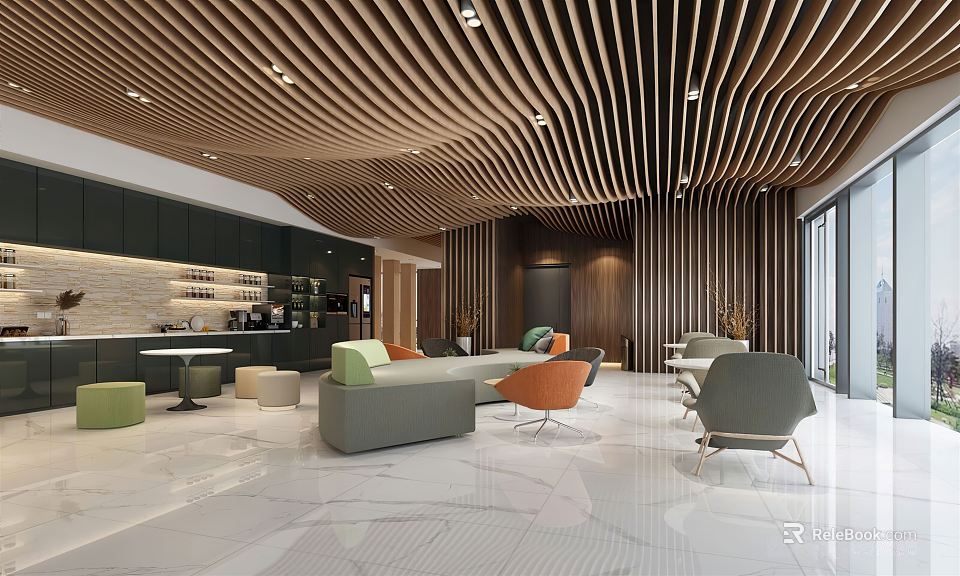 Modern Lounge Area Design With Wooden Slat Ceiling Colorful Sofas And Bar Counter 3d model 