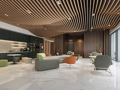 Modern Lounge Area Design With Wooden Slat Ceiling Colorful Sofas And Bar Counter 3d model