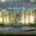 Modern Garden Ornament Transparent Glass Structure with Green Plant and Surrounding Trees