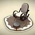 Rocking Chair with Wooden Armrests Upholstered Seat and Backrest on Brown Rug with Small Stool