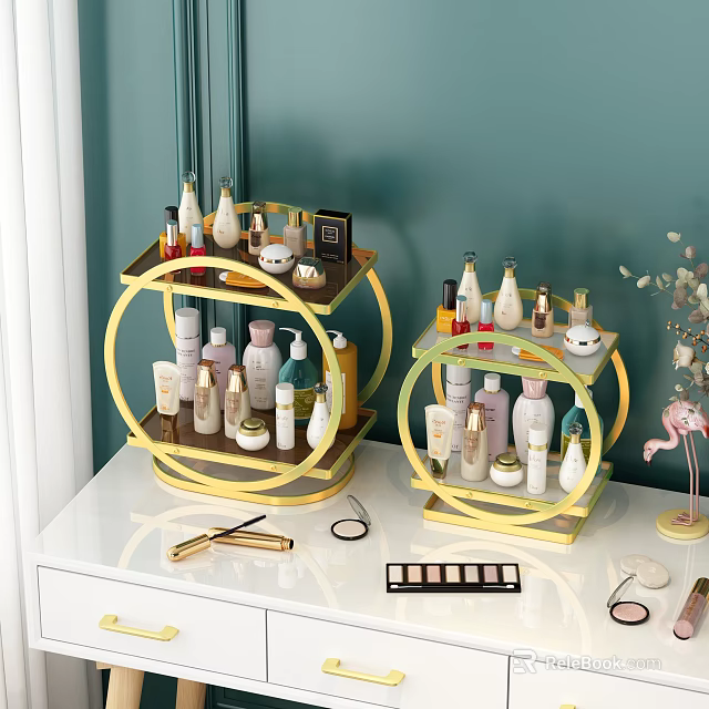 Two Circular Gold Green Multi Tier Racks Holding Perfume Skincare Bottles Makeup Brushes Eyeshadow Palettes 3d model 