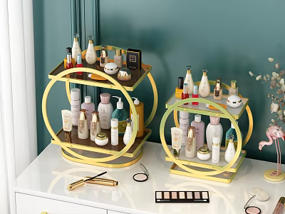 Two Circular Gold Green Multi Tier Racks Holding Perfume Skincare Bottles Makeup Brushes Eyeshadow Palettes 3d model