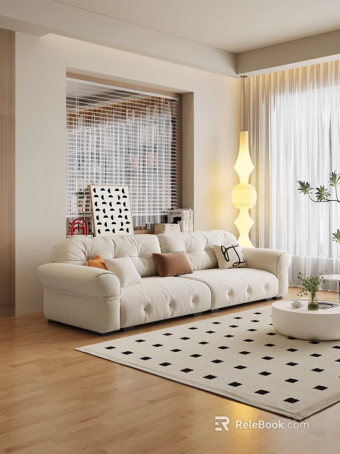 Modern Living Room Interior With White Sofa Decorative Pillows Floor Lamp And Checkered Rug 3d model 