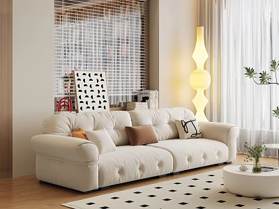 Modern Living Room Interior With White Sofa Decorative Pillows Floor Lamp And Checkered Rug 3d model
