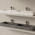 Double White and Black Marble Sinks with Black Faucets on Wall Mounted Shelves