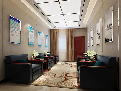 Spacious Conference Room With Black Sofas Green Cushions Wall Paintings And Carpet 3d model