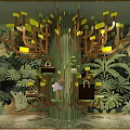 Elegant Display Window Featuring Green Botanical Background And Hanging Luxury Bags With Yellow Lights