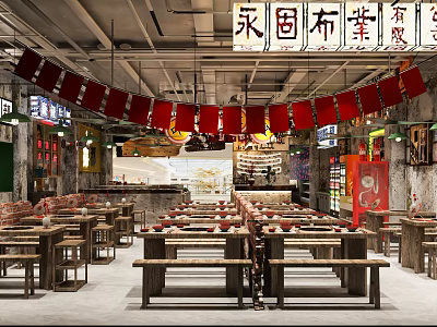 Traditional Chinese Restaurant Interior With Red Banners Wooden Tables And Benches 3d model