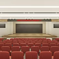 Modern Conference Room Interior Design With Large Screen Red Seats And Wooden Walls