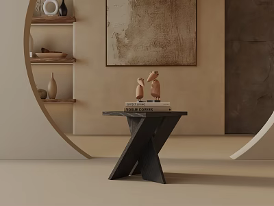 Modern Side Table With X Shaped Base Holding Books And Small Sculptures Near Curved Shelf 3d model