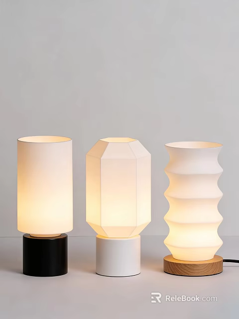 Three Different Shaped Table Lamps With White Shades And Colored Bases On Light Wall 3d model 