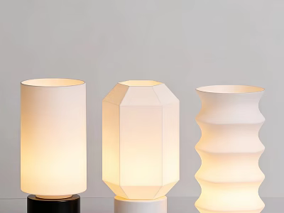 Three Different Shaped Table Lamps With White Shades And Colored Bases On Light Wall 3d model
