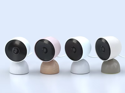 Smart Home Security Cameras in Multiple Colors with Wooden and White Gray Bases 3d model