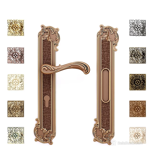 Vintage Ornate Brass Door Handle Featuring Intricate Carvings And Decorative Plates 3d model 
