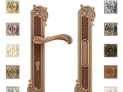 Vintage Ornate Brass Door Handle Featuring Intricate Carvings And Decorative Plates 3d model