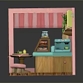 Charming Miniature Pink Shop Scenery With Striped Awning Wooden Tables And Shelf Decor