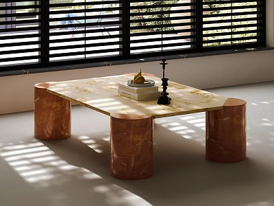 Marble Coffee Table With Copper Cylindrical Legs In Sunlit Room With Window Blinds And Books 3d model