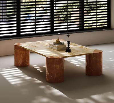 Marble Coffee Table With Copper Cylindrical Legs In Sunlit Room With Window Blinds And Books 3d model