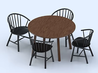 Stylish Round Wooden Dining Table Set with Four Black High Back Chairs 3d model