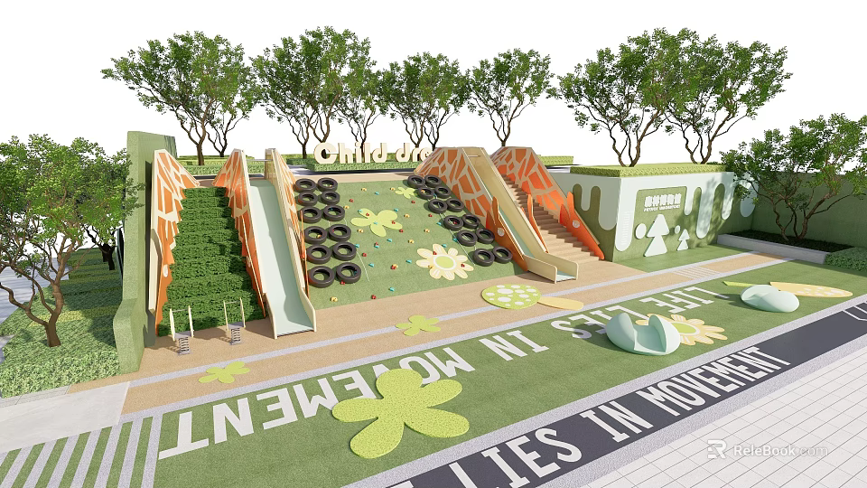 Fun Kids Play Area With Slides Green Trees Soft Lawn And Climbing Structures For Children 3d model 