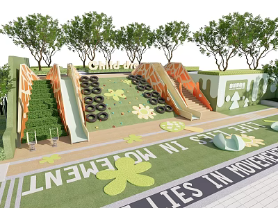 Fun Kids Play Area With Slides Green Trees Soft Lawn And Climbing Structures For Children 3d model