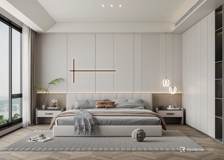Modern Bedroom Interior Design With Large Bed Nightstands Pendant Lights And Wardrobe 3d model 