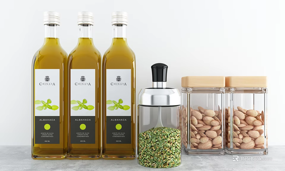 Glass Spice Bottles With Olive Oil Bottles And Almond Jars On Kitchen Countertop 3d model 
