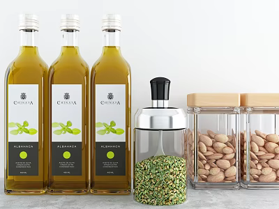 Glass Spice Bottles With Olive Oil Bottles And Almond Jars On Kitchen Countertop 3d model