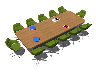 Spacious Wooden Conference Table With Green Chairs And Notebooks In Office Meeting Room 3d model